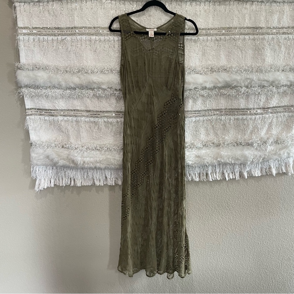 Sundance Green Lace Crochet 100% Silk Maxi Slip Dress